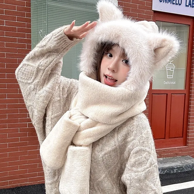 Fuzzy Animal Ear Hat Scarf Set IN Multiple Colors Winter Hoodie Hat Scarf Gloves Set