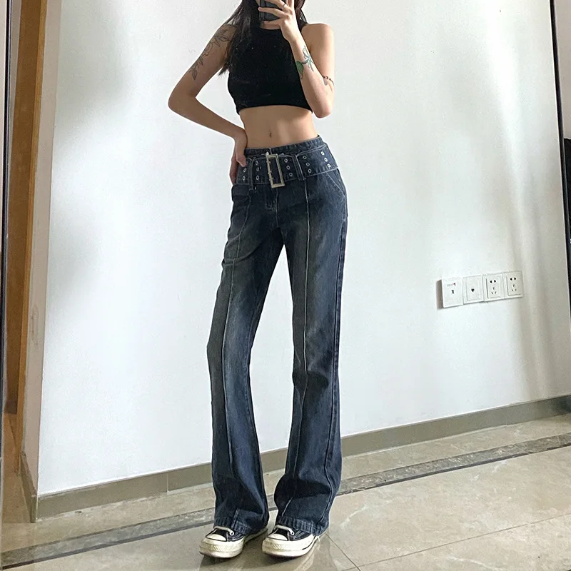 Vintage High Waist Flared Pants Hot Girl Jeans (including Belt)