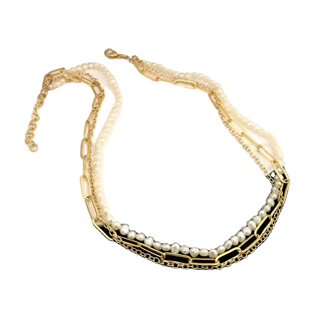 Gold Plated Three-Layer Chain Necklace Brass Cable Chain and Pearl Beads for Weddings Christian Religious Ceremonies SKU6823