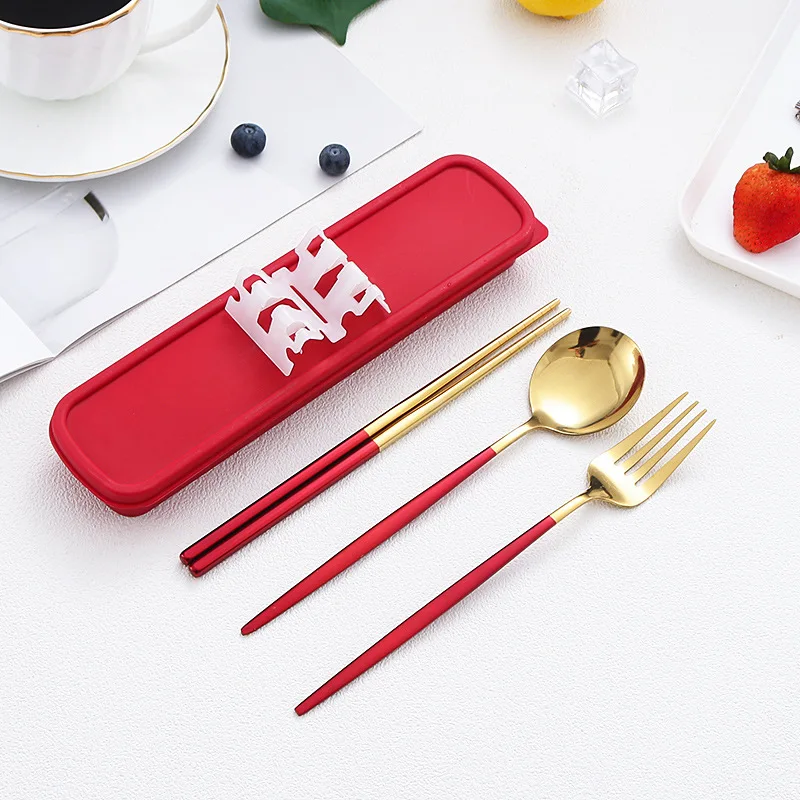 Korean Style Reusable Gold Cutlery Set besteck Color Handle Portable cutlery Travel Camping set spoon fork chopstick set