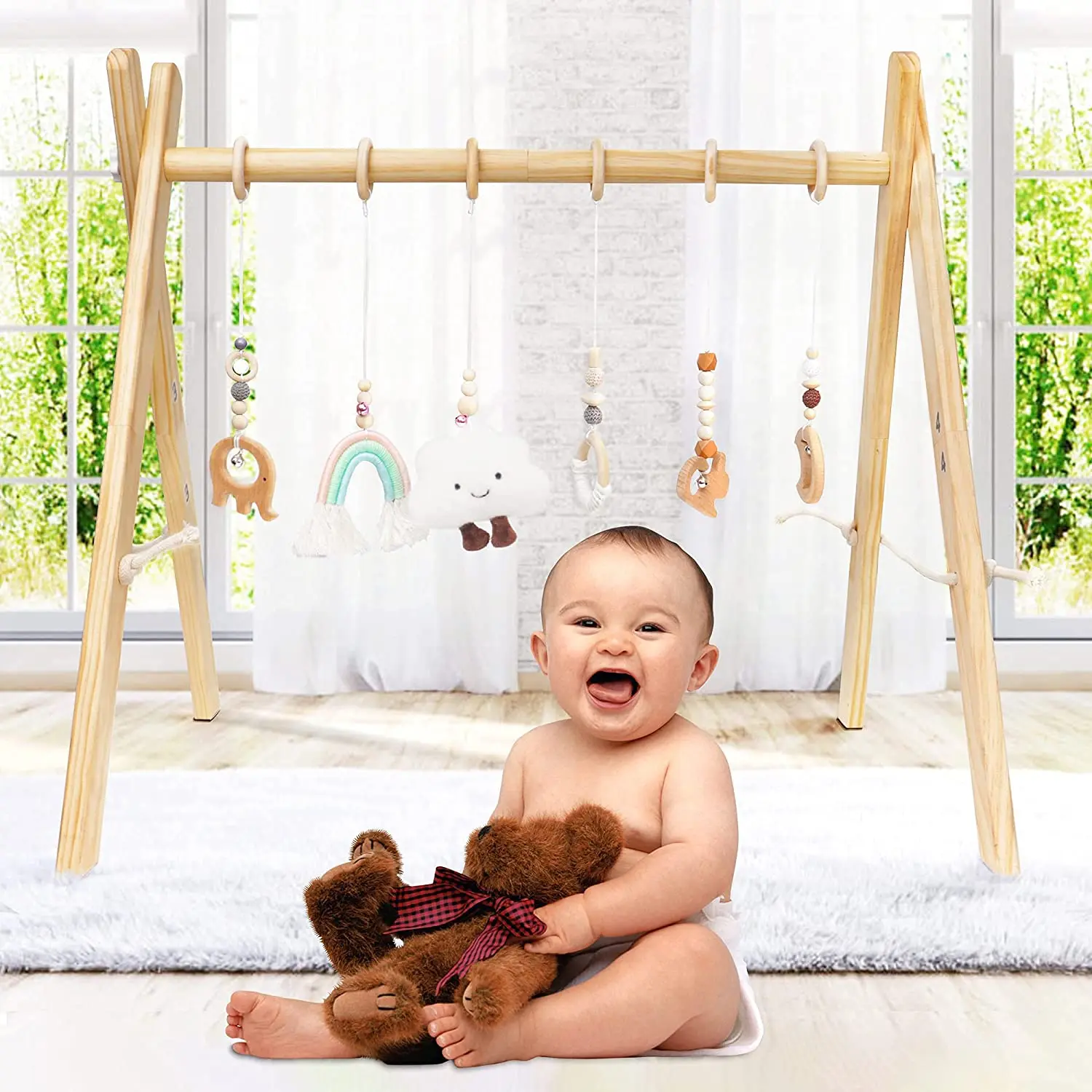 Wood Play Gym Baby Montessori Gym with Teething Toys Foldable Frame Activity Play Mat With Hanging Crochet Dolls Beech Play Gym