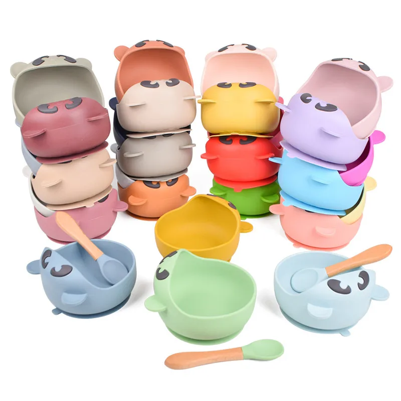 Non Slip Animal Shape Kids Bowl Cartoon Suction Feeding Silicone Baby Bowl And Spoon Set For Kid Toddler