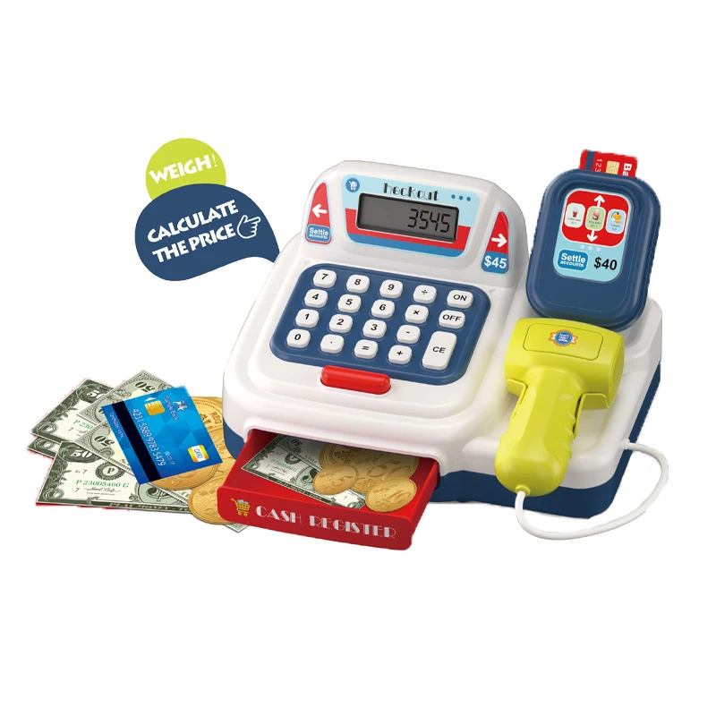 QS OEM ODM Educational Toy Kids Pretend Play  Real Calculator Cash Register Toy With Music Scanner Credit Card Reader Microphone