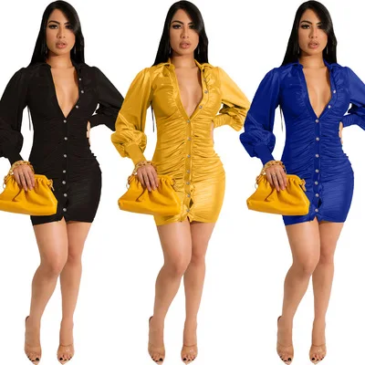 2022 высококачественное мини-платье для вечеринки, модное женское повседневное однотонное сексуальное платье с длинным рукавом и V-образным вырезом, платье для ночного клуба на пуговицах со складками