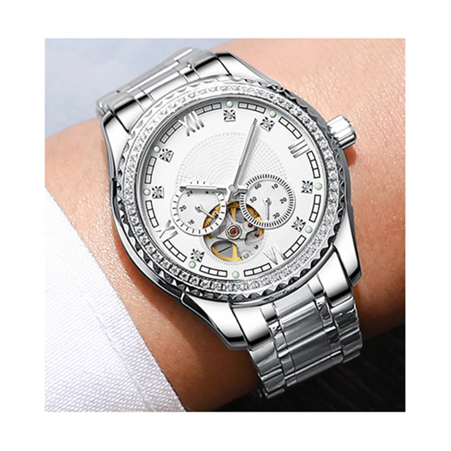 Full stainless steel diamond 24 hours show skeleton men business mechanical watch