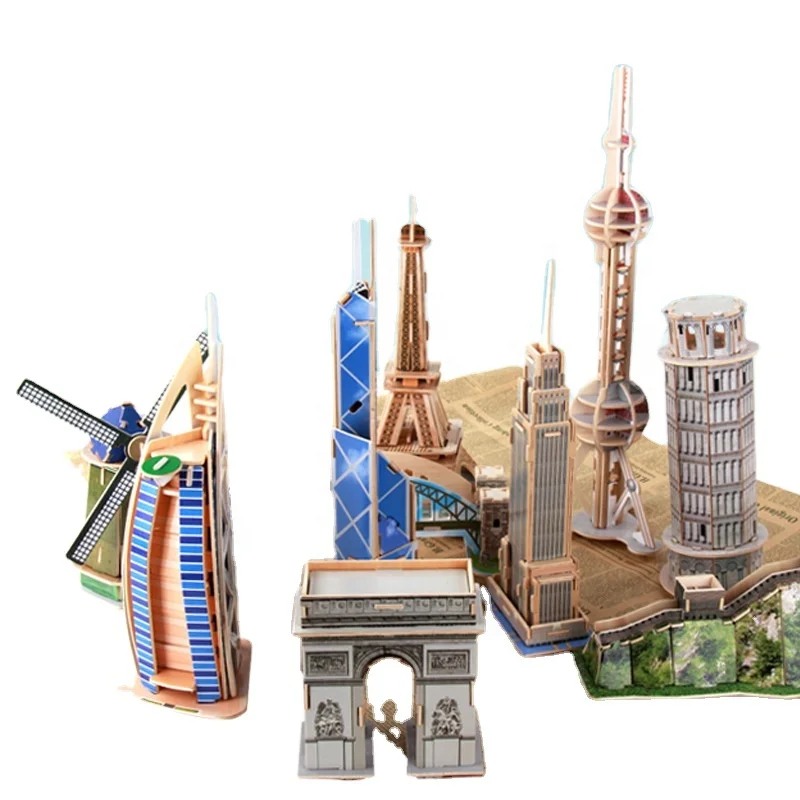 Children DIY 3D Wooden Puzzle Architecture Hand assembled Building Model wooden Toys