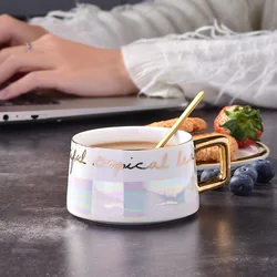 New Arrival Unique  Design Colorful Portty Mugs Ceramic Coffee Cups  Porcelain Milk Cups and Saucer Set with Spoon