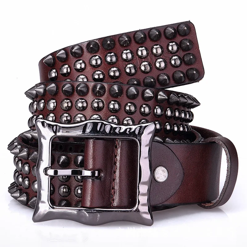 Men Genuine Leather Belt Spike Rivet Studded Fashion Punk Hop Waistband Cowhide Leather Belt Unisex