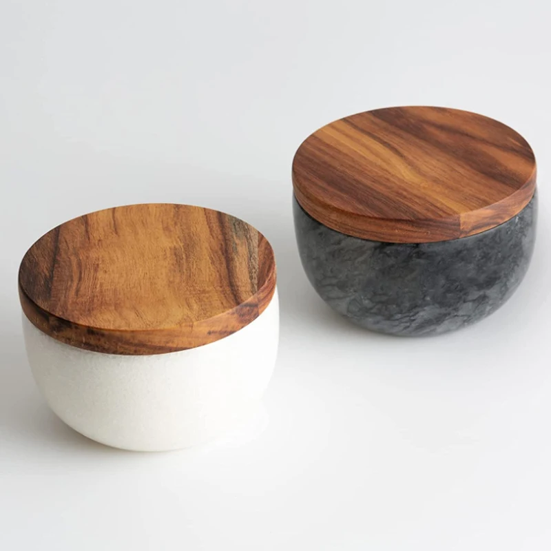 Marble Salt and Pepper Bowls  Salt Cellar Set with Wood Cover, wooden cover marble salt box