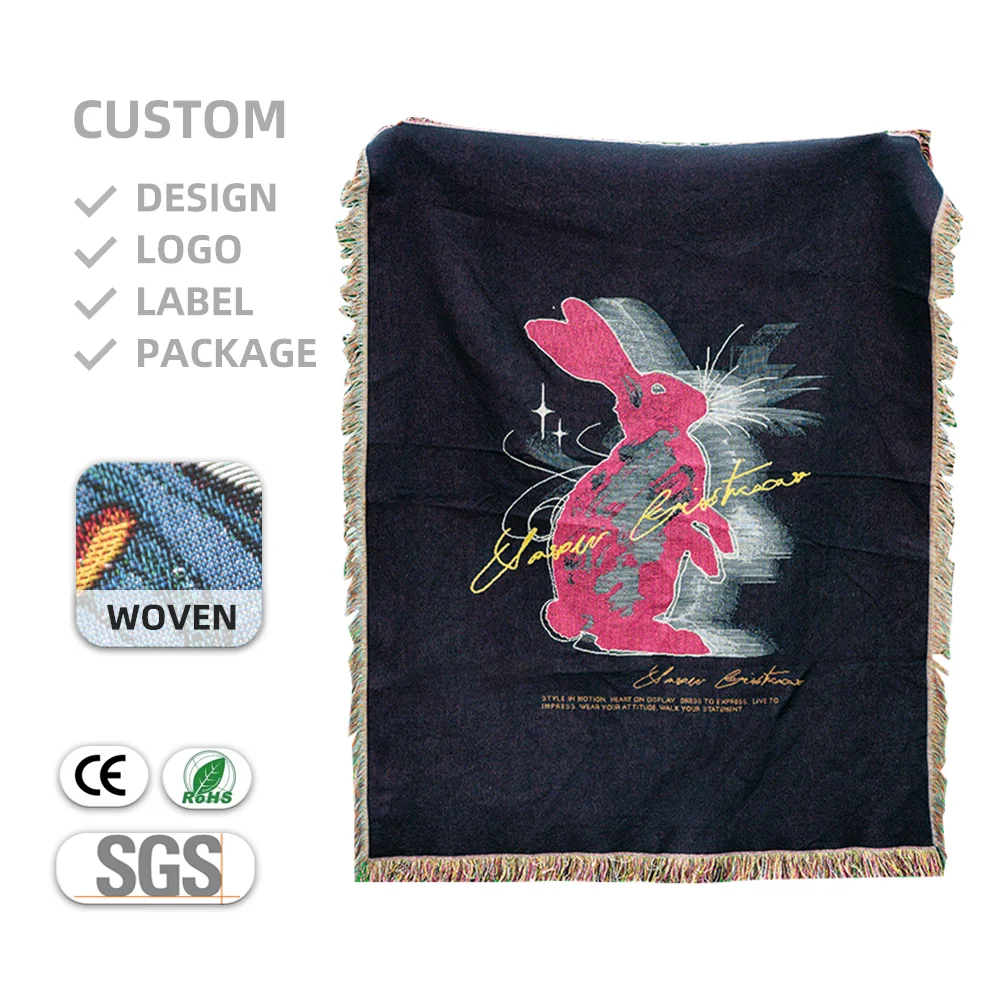 Eco-friendly Custom Tapestry Cotton Polyester Vintage Blanket Jacquard Woven Throw Rabbit Blanket