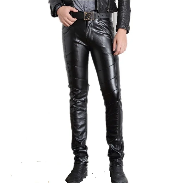 Hot winter man sexy tight pu leather pants black spandex sexy leather pants high waisted skinny black leather pants