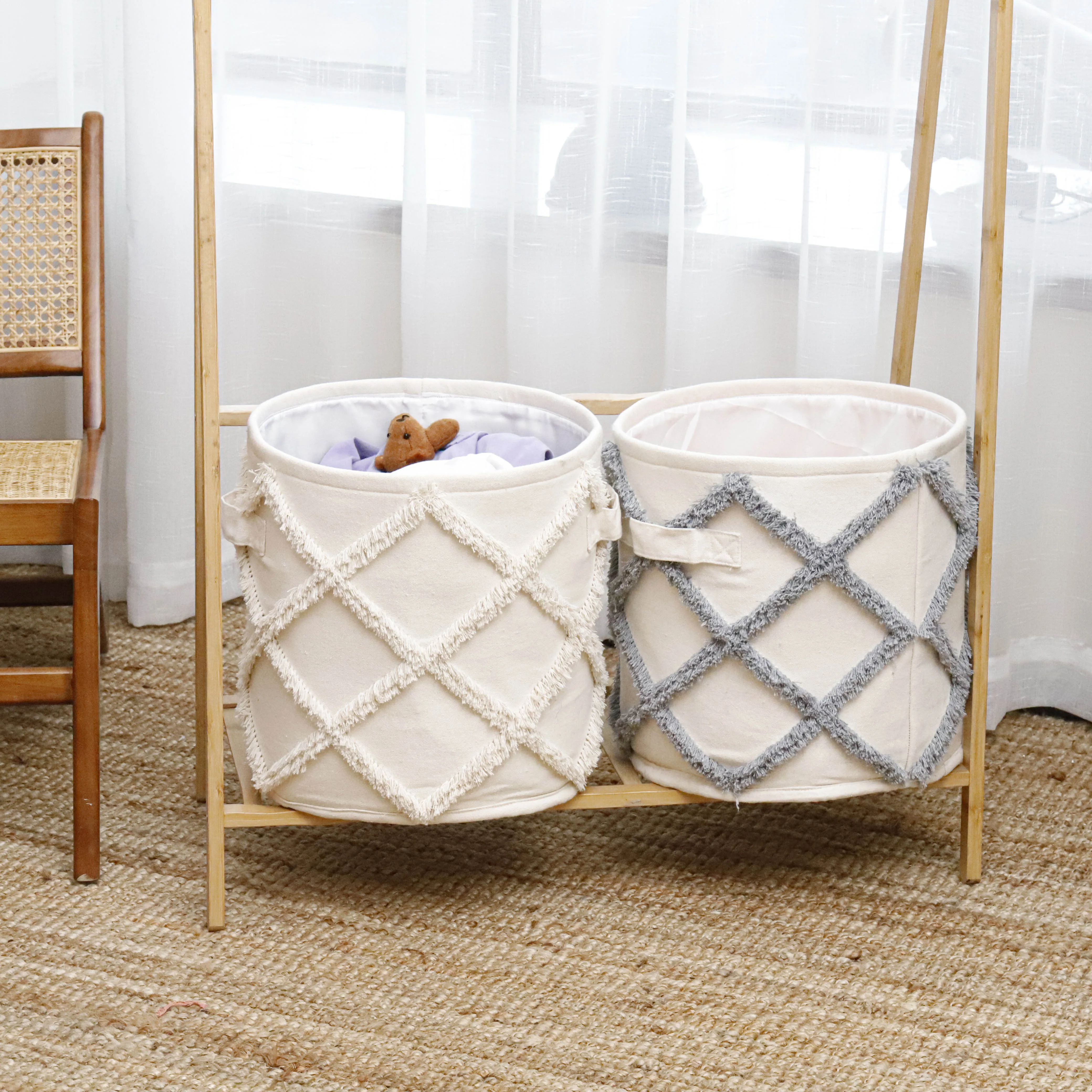 Collapsible Laundry Hamper Handles Cotton Laundry Basket Drawstring Round Storage Basket