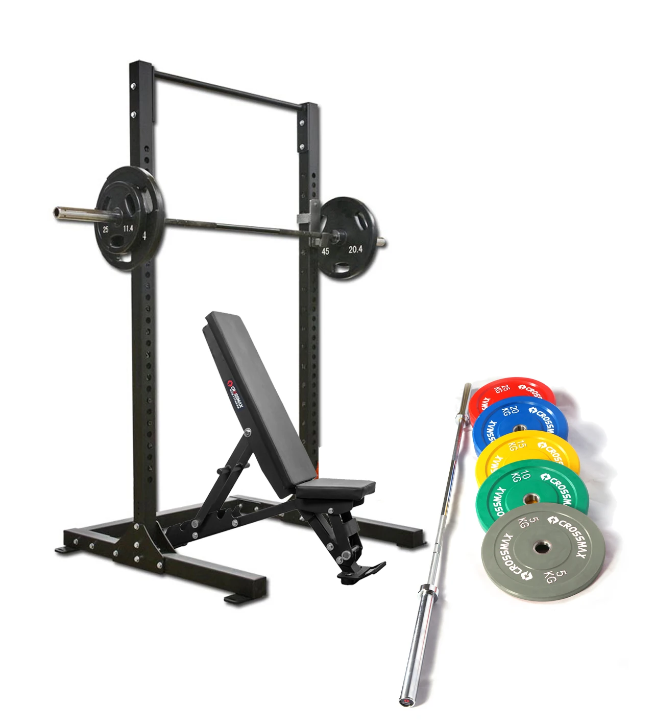 Crossmax Training Equipment Package with Squat Rack, Bumper Plate and Adjustable Benches