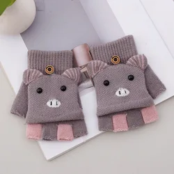 Winter Cute Cartoon Children Fingerless Glove with Mitten Cover Knit Warm Student Text Convertible Flip Top Half Finger Gloves