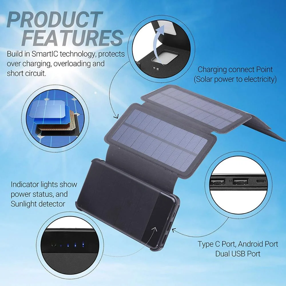 2 in 1 Detachable Solar Power Bank 10000mAh Portable Solar Panel Foldable Waterproof Outdoor Solar Charger Power Bank