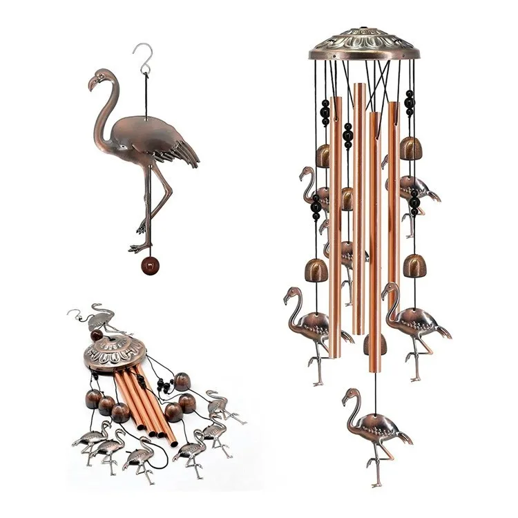 Metal tube wind chimes outdoor pastoral style vintage brass bell Flamingo pendant gift