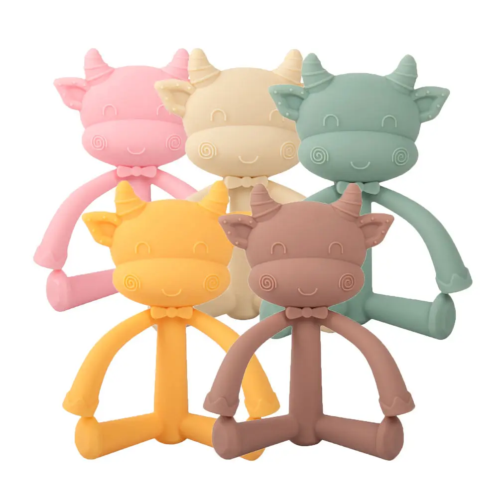 BPA Free Wooden Ring Toys Crochet Teething Cow Silicone Baby Teether