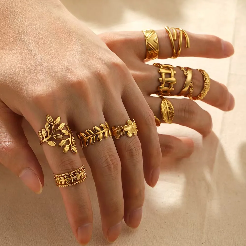 Stainless Steel jewelry wholesale, simple stainless steel ring for women, INS geometric cutout flower 18K gold-plated leaf ring