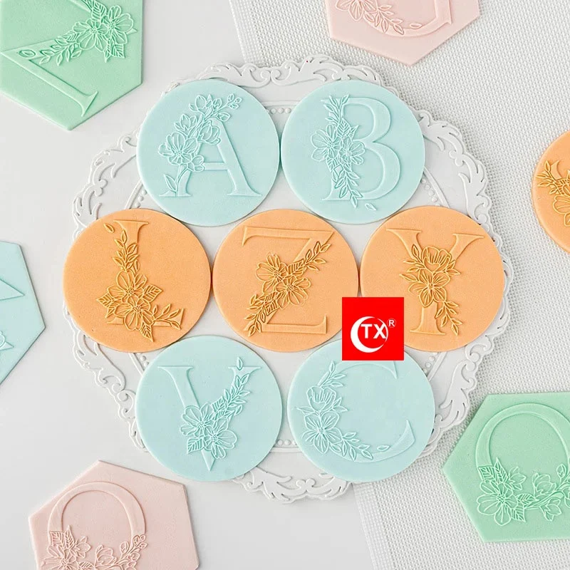 TX Floral Alphabet Embosser Set A-Z With Ampersand Acrylic Fondant Stamp Embosser For Cookies Cupcake and Baking Cake Decoration