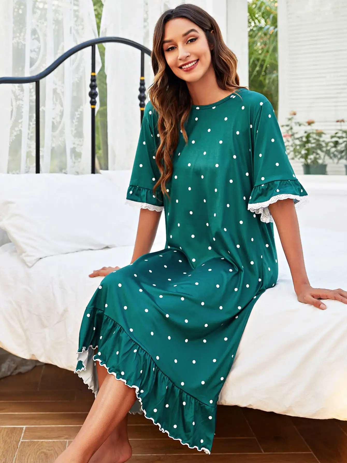 Viscose from Bamboo Custom Woman Night Dress Polka Dot Night Gown Ruffle Lace Trim Nightgown