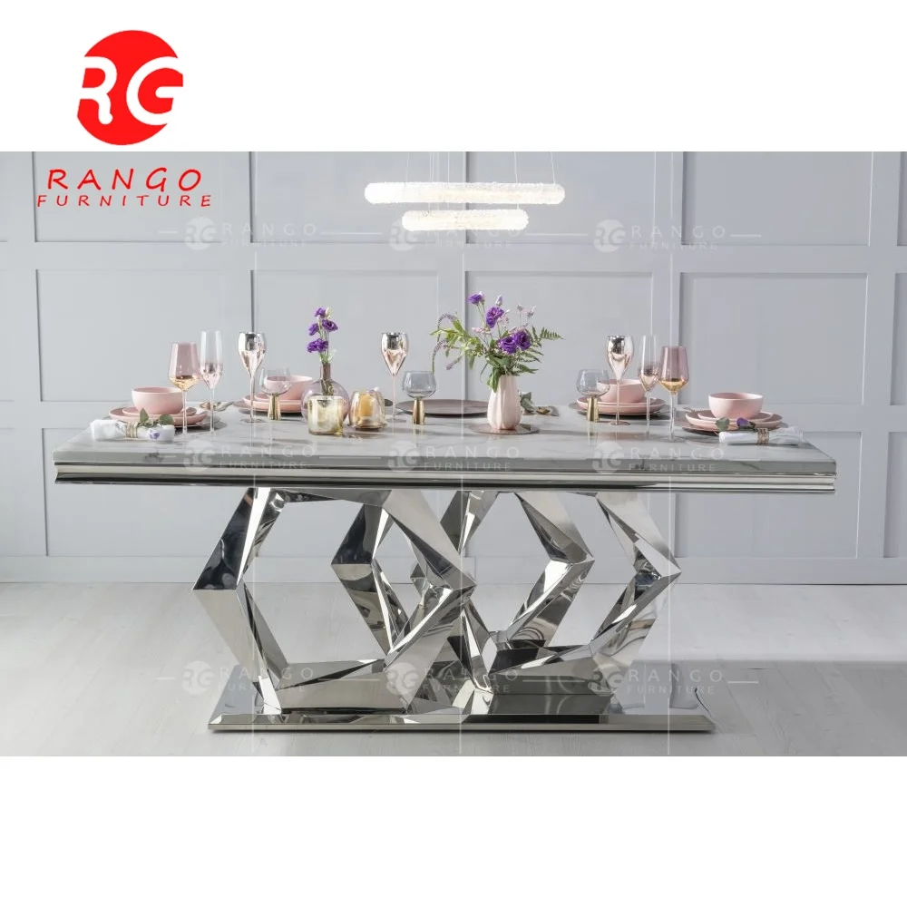 Tempered glass top dining tables 8 Seater Dining Table with white leather chairs for dining room furniture