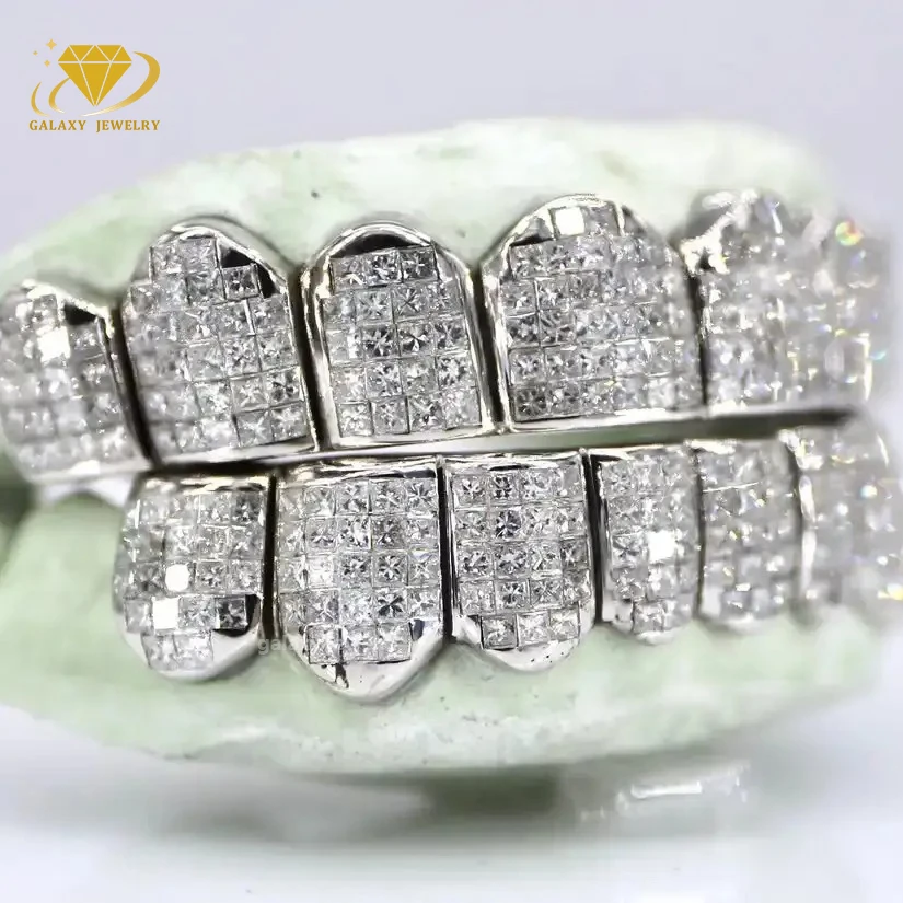 Princess Cut Vvs Moissanite Diamond Grillz 925 Silver Iced Out Teeth Grills Hiphop Invisible Setting Moissanite Custom Grillz