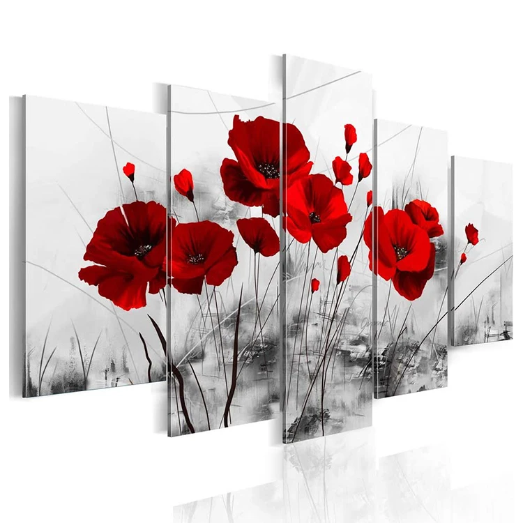living room decor 5 pieces red poppy flower Picture wall Rose picture canvas posters 5 panels wall art canvas painting