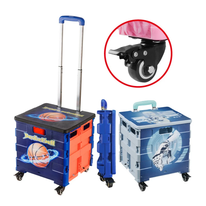 Painted Four-wheel Shopping Cart Portable Foldable Supermarket Grocery Shopping Cart Trolley Cart
