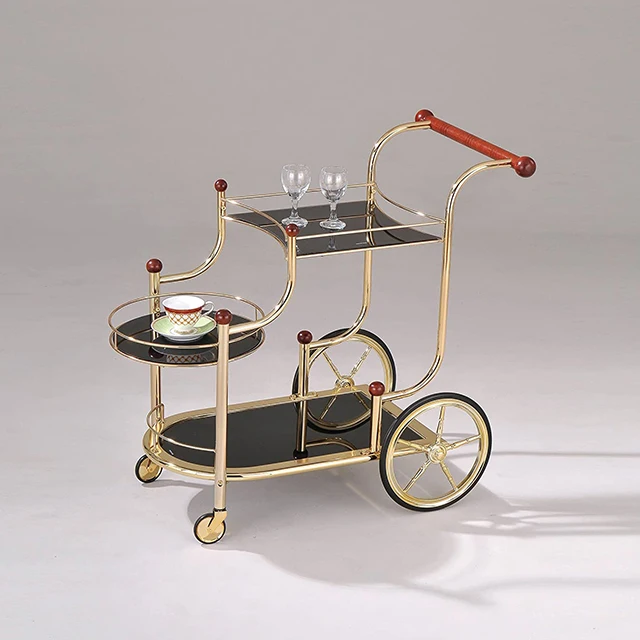 Luxury gold silver metal glass tea wine food catering drinks serving trolley bar cart for hotel restaurant wedding party