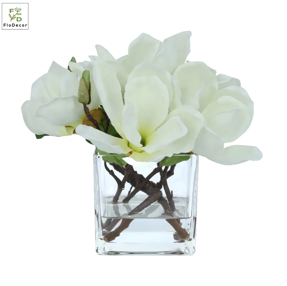 High Quality Customized Artificial Magnolia Flower Floral Arrangement With Square Vase and Water For Home Hotel Decoration
