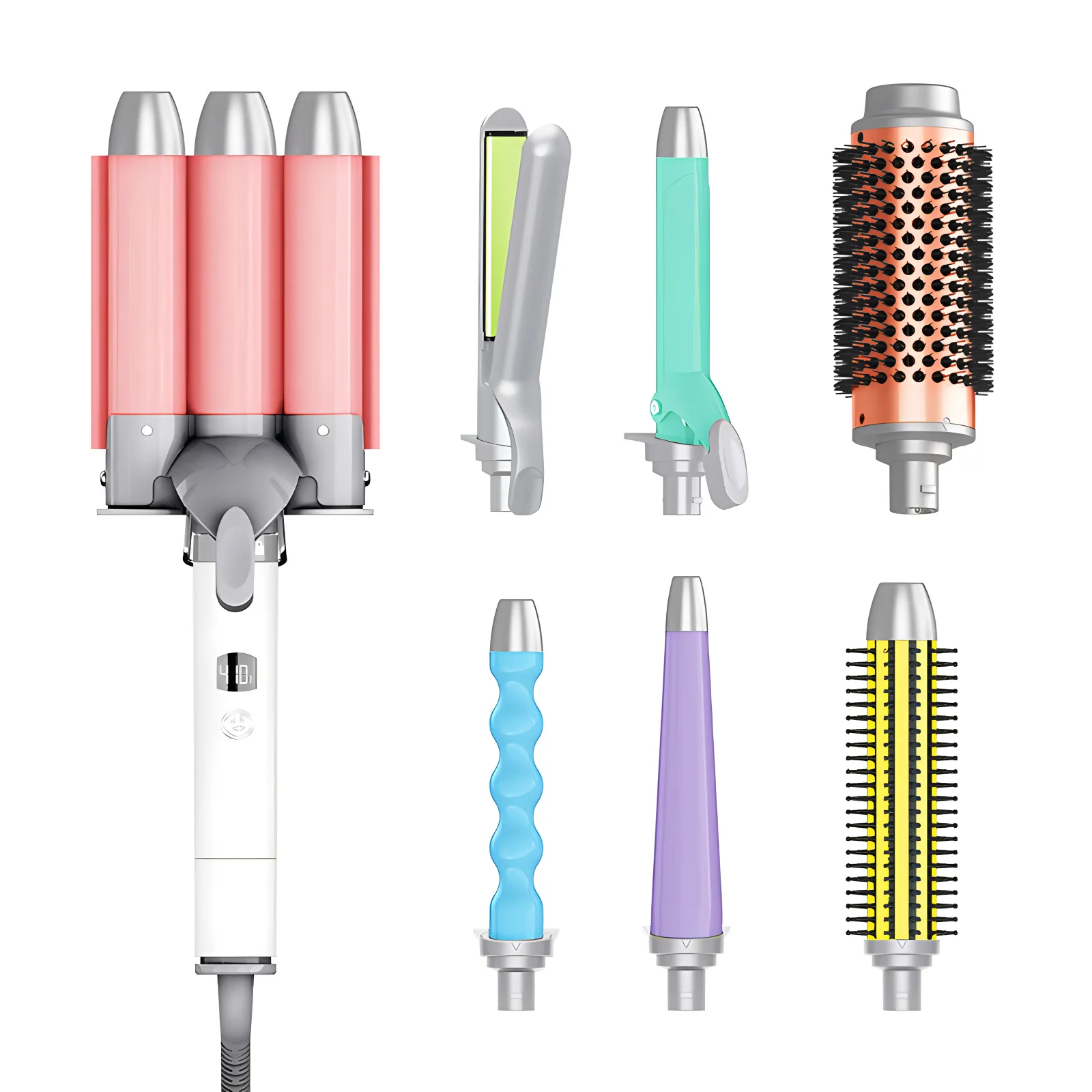 Custom Logo LCD Display Interchangeable Head 4 in 1 Hot Comb Triple Barrel Ceramic Curling Iron Hair Curler Wand Set with Clamp