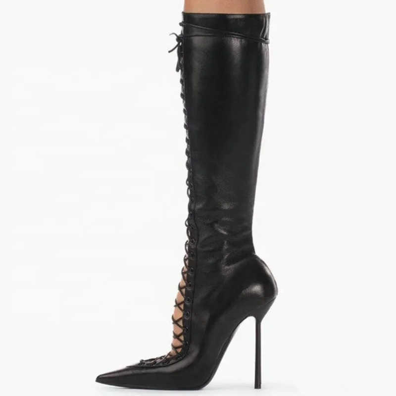 Lace Up Front Cut Out Women Knee High Boots Big Size 44 Solid Stiletto Dress Shoes Slim Heels Side Zipper  Long Boots