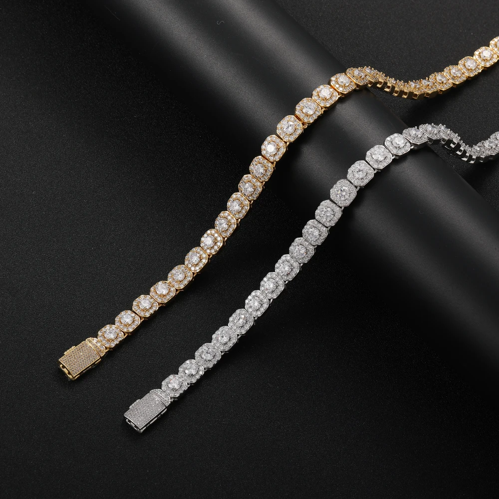 BC036 10mm Brass Setting Zircon Cuban Link Chain Necklace Gold Plated Hip Hop Bling Jewelry Gift Pearl Main Stone Iced CZ Chain