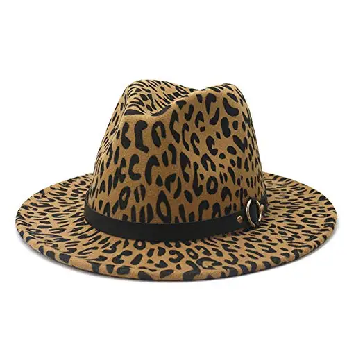 
Men & Women Classic Wide Brim Fedora Hat with Belt Buckle Wool Felt Panama Leopard Fedora M/L 