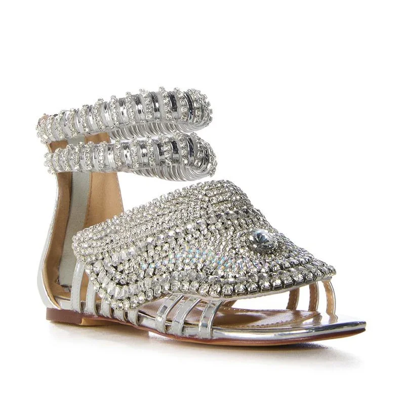 Roman Styles Footwear Silver Diamonds Flat Sandals Women Back  Zipper Flat Heels Girls