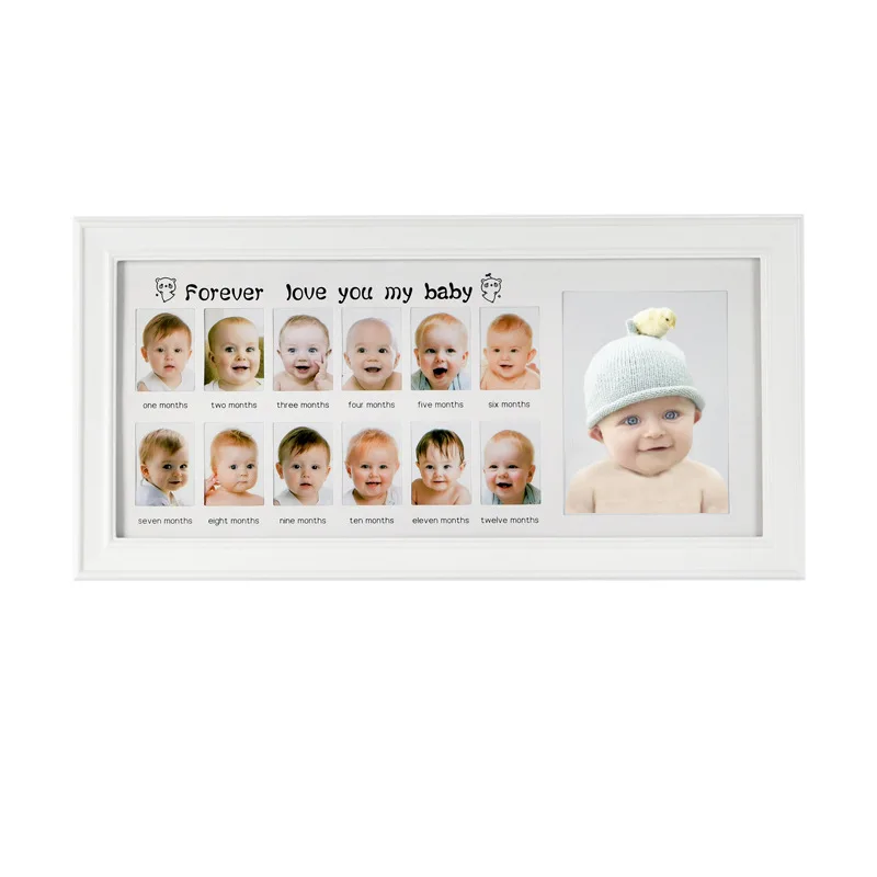 
kids children baby first year photo frame handprint footprint photo frame baby commemorative 13 grid wood picture frame 