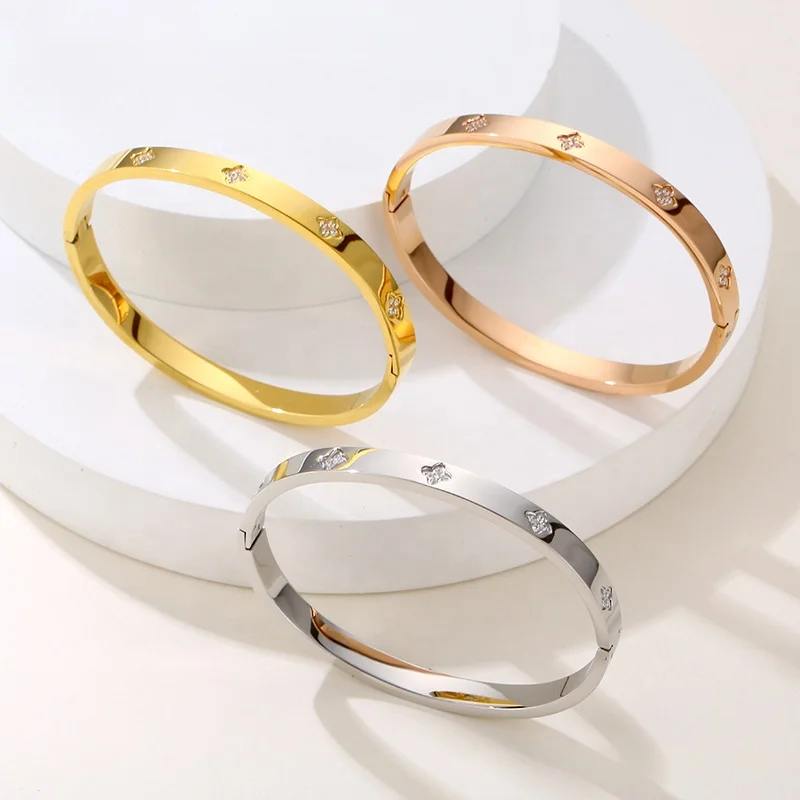 18K Gold Rose Plated Stainless Steel Fashion Waterproof Jewelry Open Cuff Diamond Evil Eye 4 Four Leaf Clover Bangle Bracelet