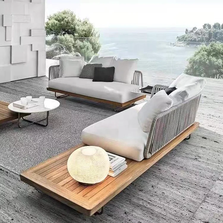 BFP Outdoor Teak wood Sofa set Garden Rope Chairs Patio Furniture set Balcony Rattan Sofa Teak Furniture Solid Wood sofa