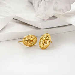E0206 Vintage Dainty Oval Cross Relief Snake Cartilage Stud Earrings Women Gold Oval Earrings With Symbol Serpent Stud Earrings