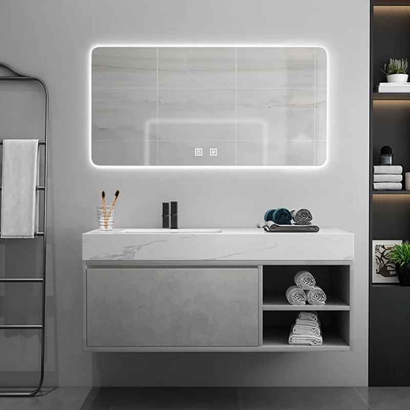 Foshan 30inch Single Wall Mount Bathroom cabinet Light Grey Vanity PVC Modern Bathroom Vanity with Sink