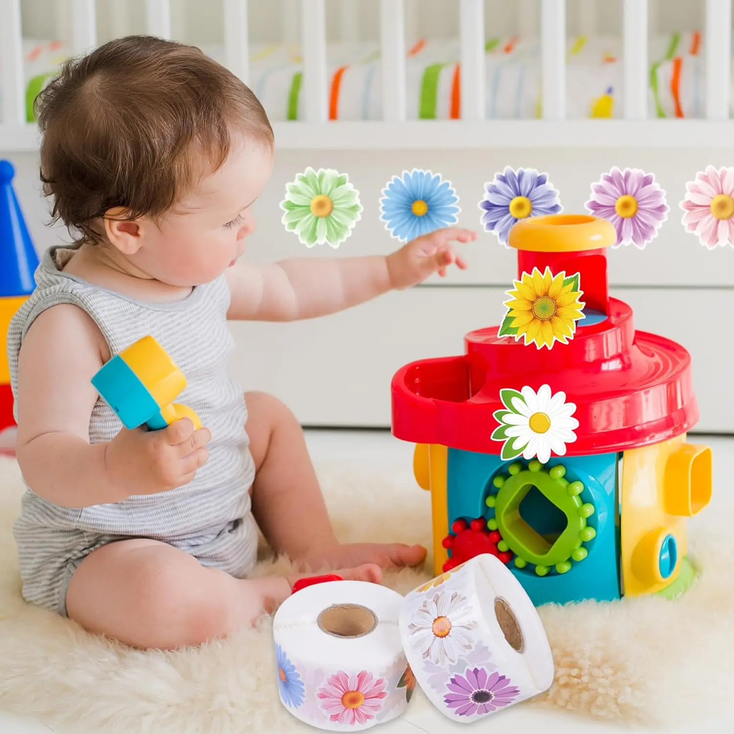 Flower Sticker Roll Spring Daisy Sunflower Sticker Decals Colorful Watercolor Flower Label Stickers for Scrapbooks Water Bottle