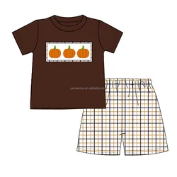 2022 Wholesale custom casual toddler boy shorts sets boutique pumpkin applique cute 2 pieces halloween baby boy outfits