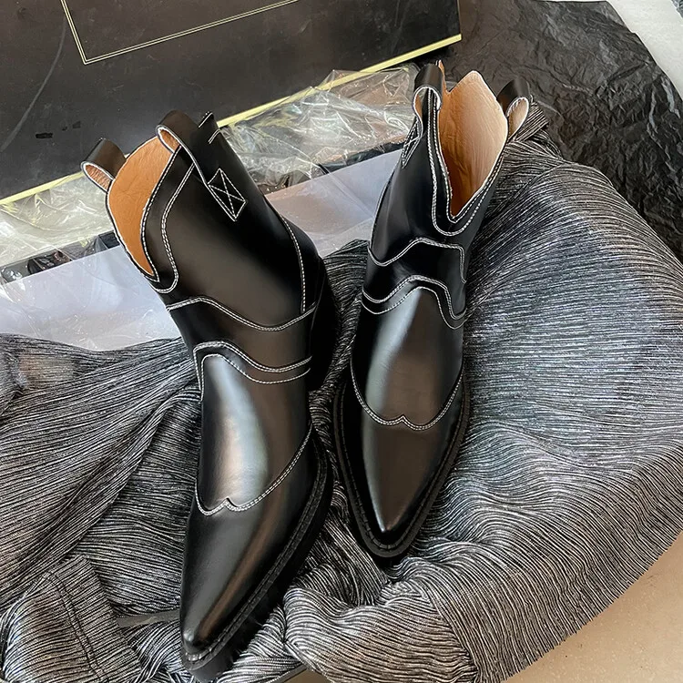 Cialisa White Autumn Winter Genuine Leather Designer Shoes Women Pointed Toe Chunky Mid Heels Ankle Boots Western Cowboy Boot