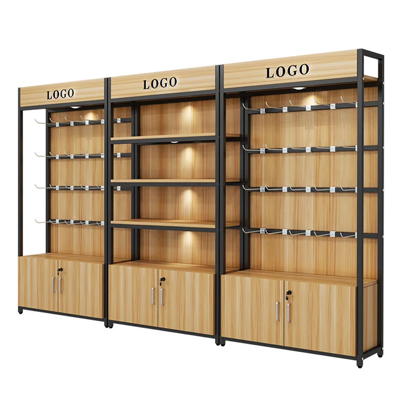 Factory direct hot pop wooden metal shelves miniso can customize supermarket display shelves
