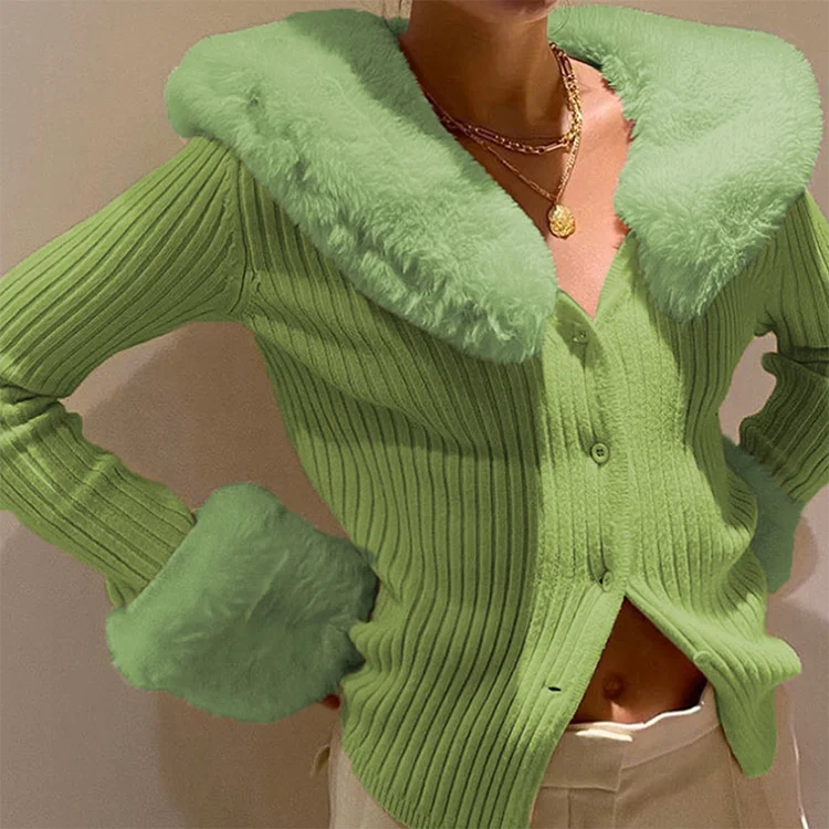 Winter Solid Color Detachable Fur Collar Long Sleeve Single Breasted Crop Tops Patchwork Woman Short Sweater Cardigan Coats