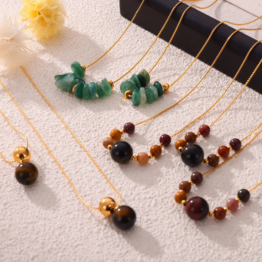 Natural Stone Handmade Beaded Stainless Steel Necklace Fashion New Style 18k Pvd Coated Waterproof Jewelry Necklace