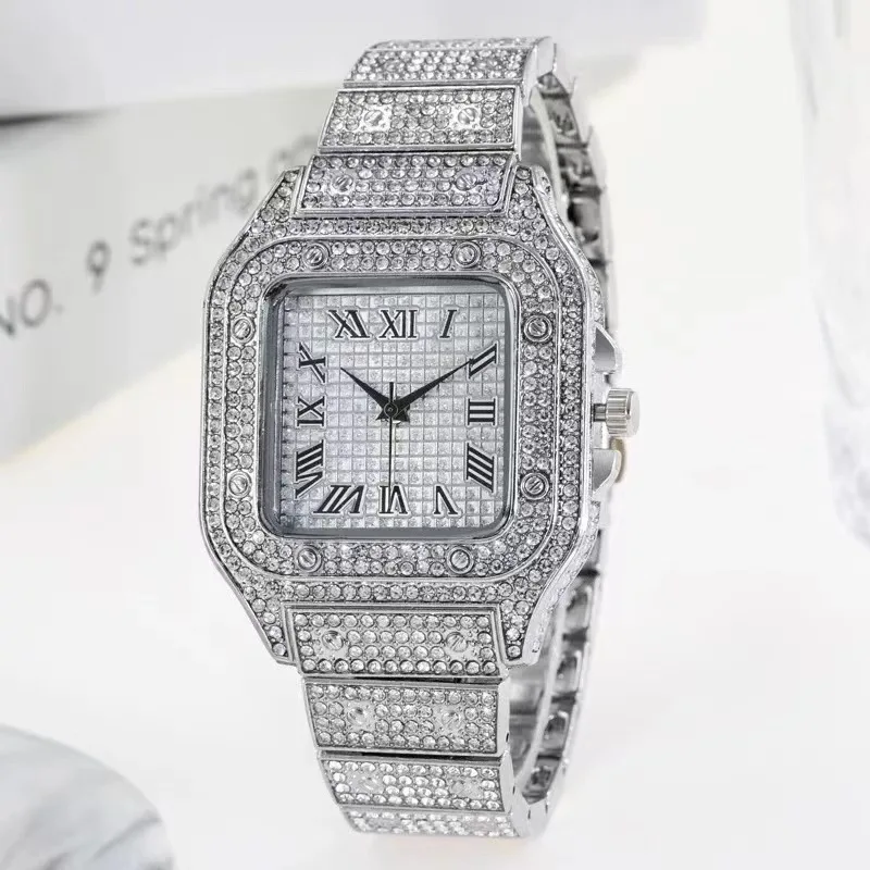 Square Watch Orologio al quarzo quadrato da uomo placcato oro 18K da polso unisex di lusso con e strass