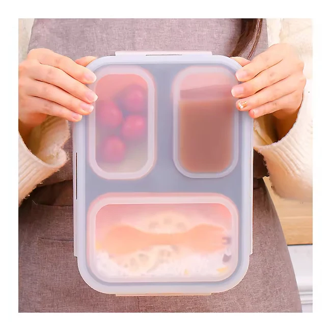 Hot Selling 3 Compartment Collapsible Food Storage & Containers Sealed Microwavable Foldable Silicone Bento Lunch Boxes for Kids