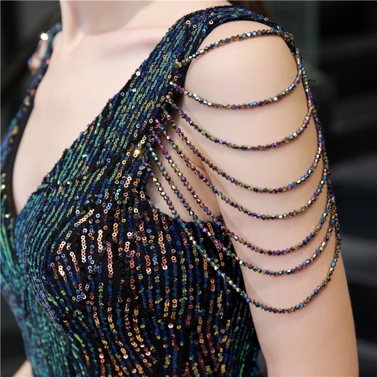 NWE2001Real Sample on Store Beaded Sexy Front Slit Fitted Evening Dress V-neck Party Dress