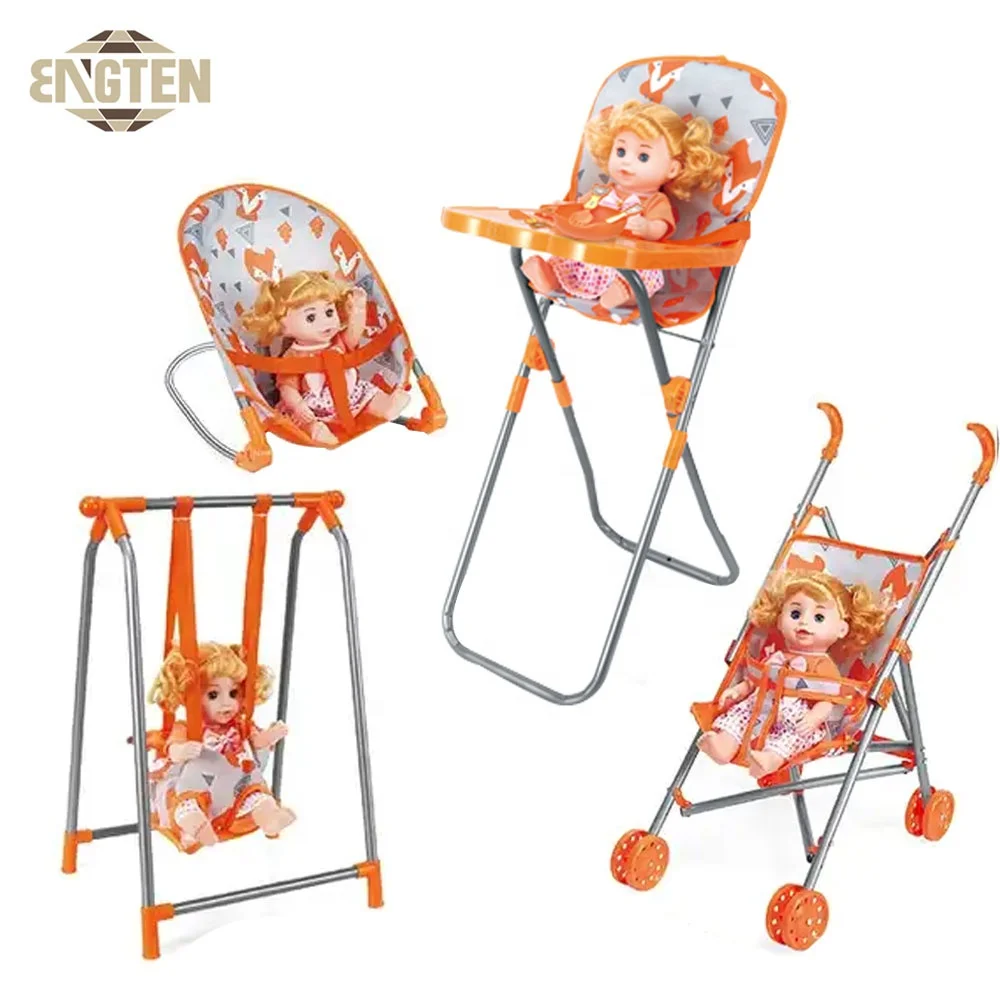Wholesale Doll Accessories Kids Preschool Learning Doll Play set Nursery 14 Inches Doll Strollers High Chair Set